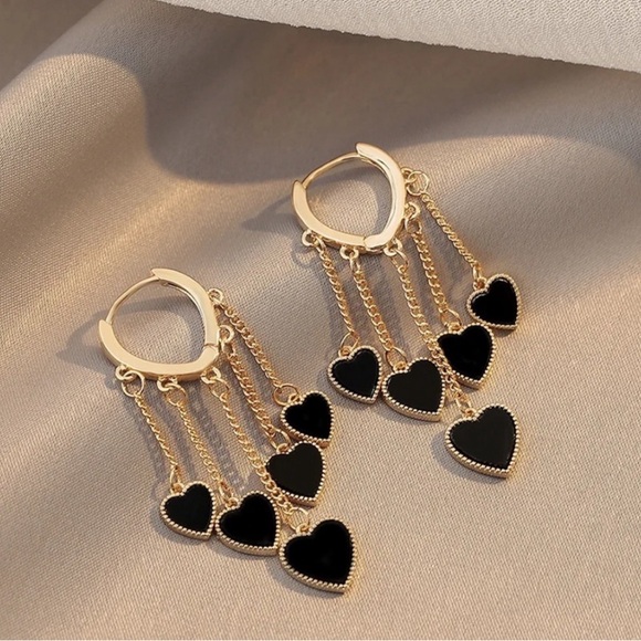 “Cross My Heart” Hoop Gold Black Heart Valentines Date Dangle Gift Cute Earrings - Picture 2 of 3